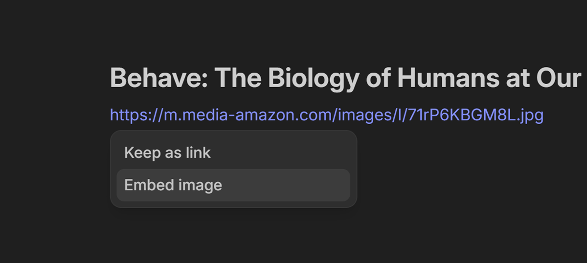 Nover app showing embed image menu